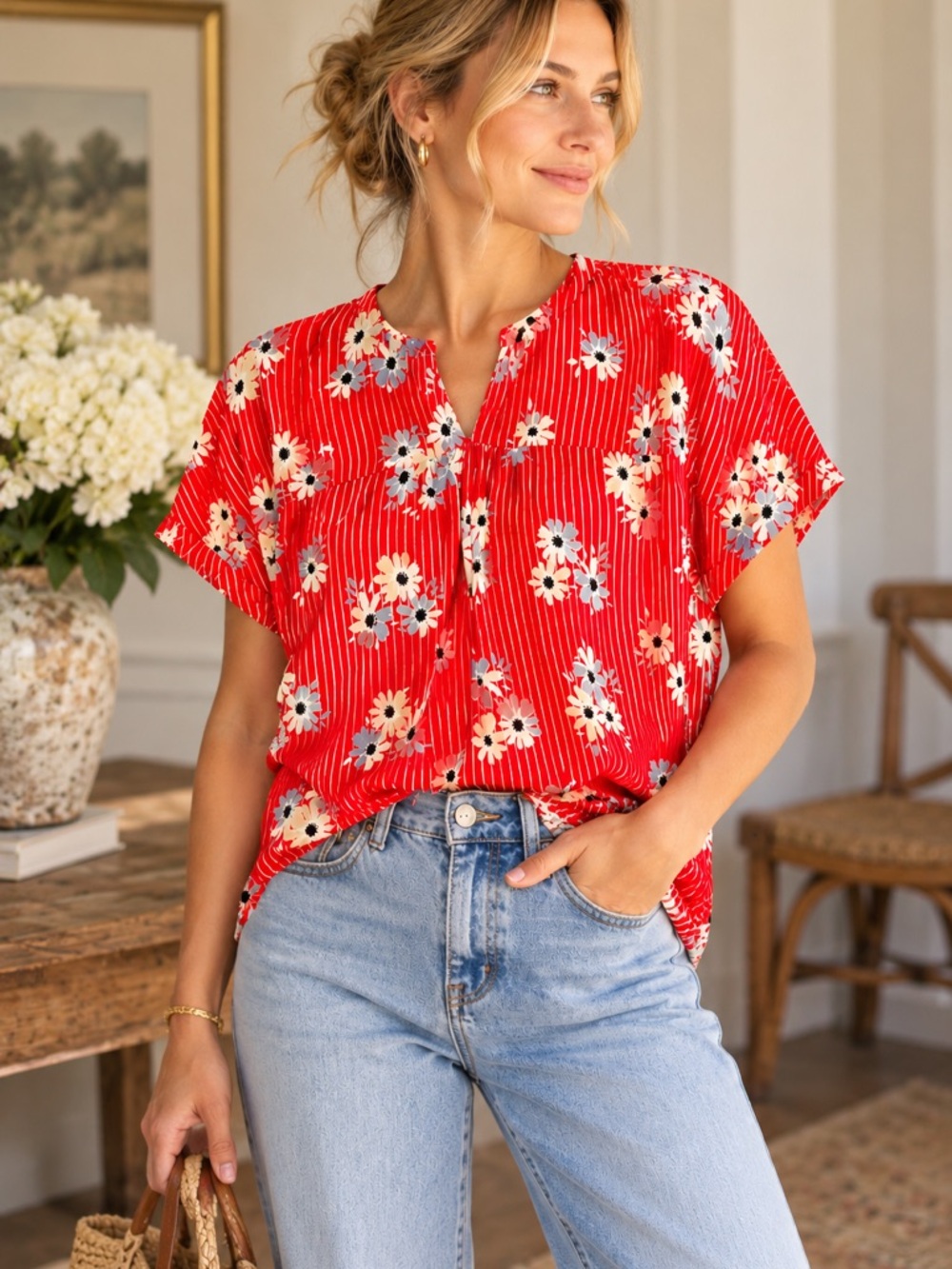 Madewell Red Floral Stripe Dolman Sleeve Blouse Top Size Medium